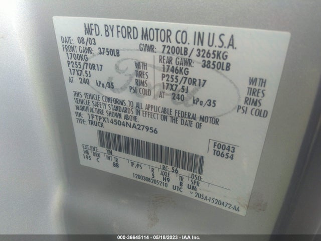 2004 FORD F-150 XLT/FX4/LARIAT/XL VIN: 1FTPX14504NA27956