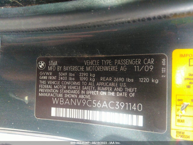 2010 BMW 5 SERIES 535I XDRIVE VIN: WBANV9C56AC391140