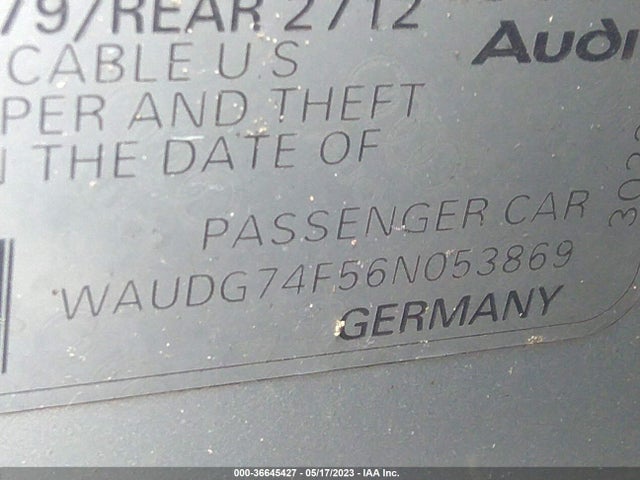 2006 AUDI A6 3.2L VIN: WAUDG74F56N053869