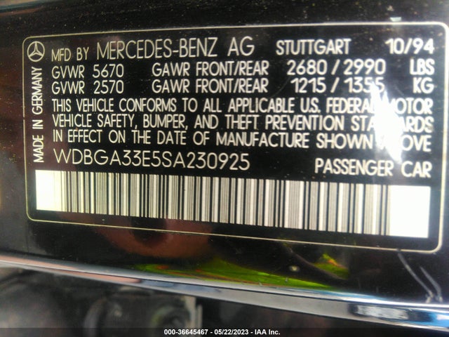 1995 MERCEDES-BENZ S 320 VIN: WDBGA33E5SA230925