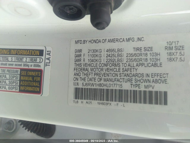 Honda Cr-v Ex-l 2017 5J6RW1H80HL017715 Image 9