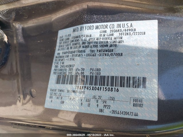 2004 FORD MUSTANG GT VIN: 1FAFP45X04F150816