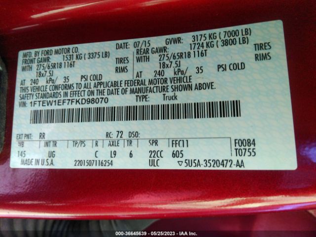 1FTEW1EF7FKD98070 Ford F-150 Xlt/xl/lariat/platinum