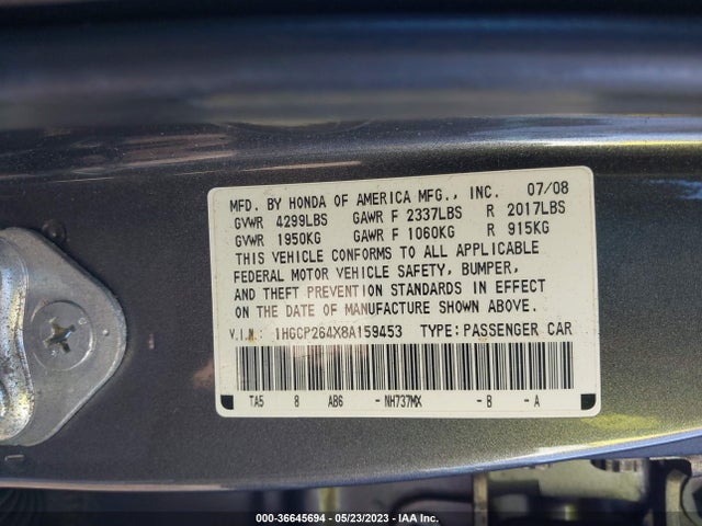 2008 HONDA ACCORD SDN LX-P VIN: 1HGCP264X8A159453