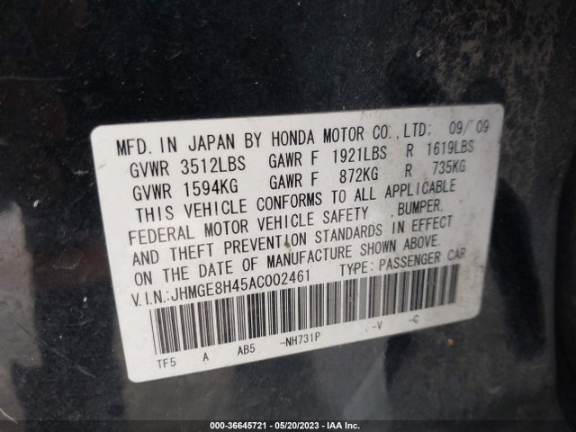 2010 HONDA FIT SPORT VIN: JHMGE8H45AC002461