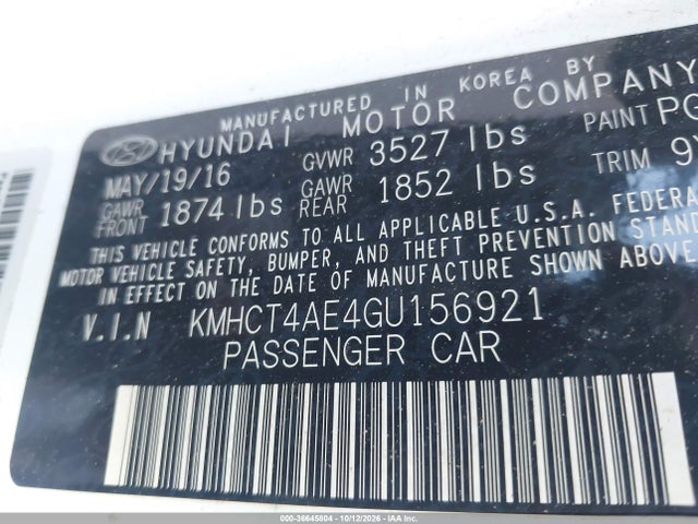 Auction sale of the 2016 Hyundai Accent Se, vin: KMHCT4AE4GU156921, lot number: 36645804
