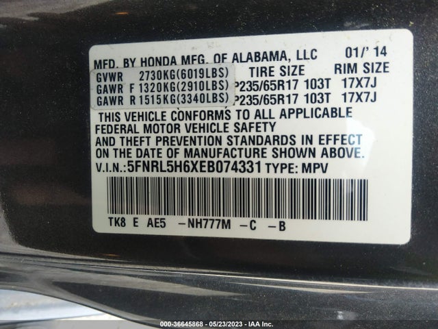 Honda Odyssey Ex-l 2014 5FNRL5H6XEB074331 Image 9