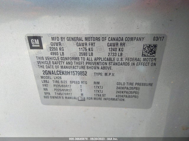 2017 CHEVROLET EQUINOX LT VIN: 2GNALCEK8H1579852