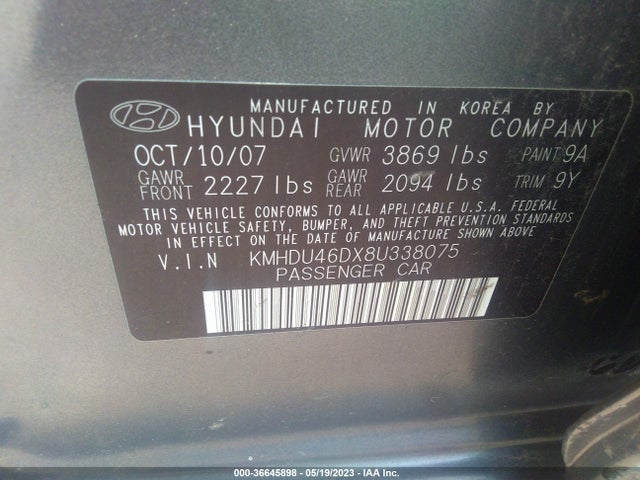 2008 HYUNDAI ELANTRA GLS/SE VIN: KMHDU46DX8U338075