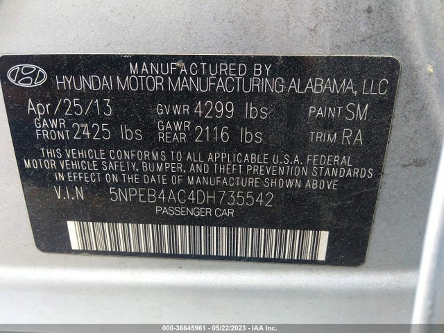 2013 HYUNDAI SONATA GLS PZEV VIN: 5NPEB4AC4DH735542