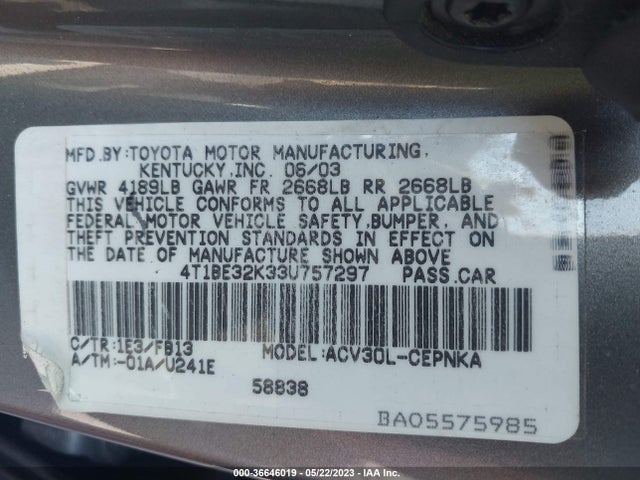 2003 TOYOTA CAMRY LE/SE/XLE VIN: 4T1BE32K33U757297