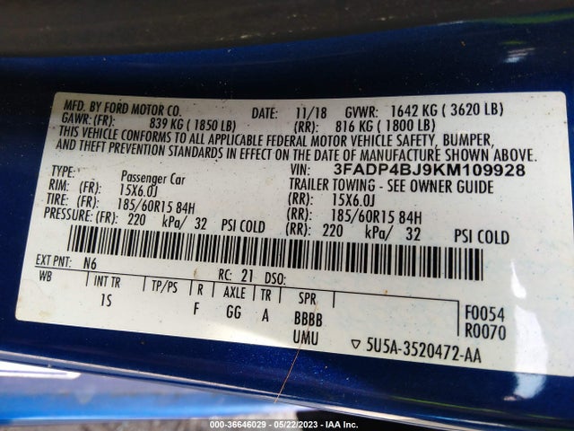 Ford FIESTA SE 2019 3FADP4BJ9KM109928 Image 10