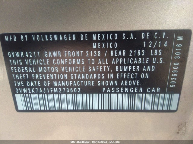 3VW2K7AJ1FM273602 Volkswagen Jetta Sedan 2.0l S