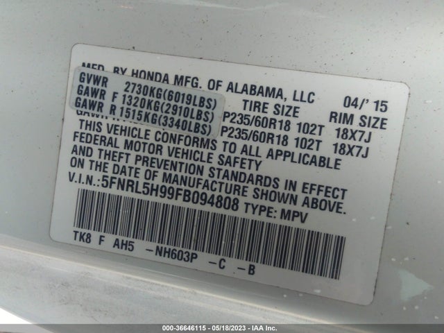 Honda Odyssey Touring 2015 5FNRL5H99FB094808 Image 9