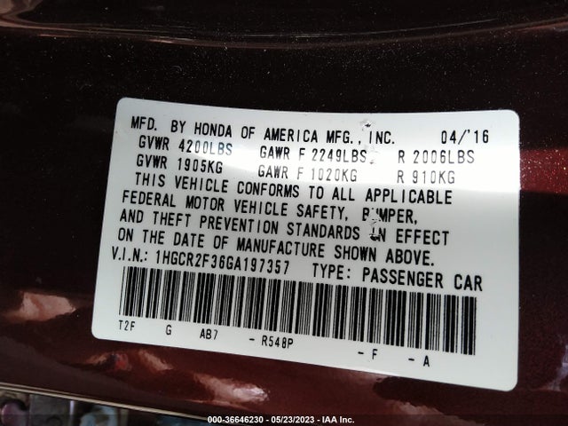 Honda Accord Sedan Lx 2016 1HGCR2F36GA197357 Image 9