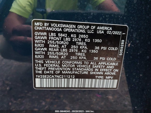 1V2SE2CA7NC211212 Volkswagen Atlas Cross Sport 3.6l V6 Sel R-line