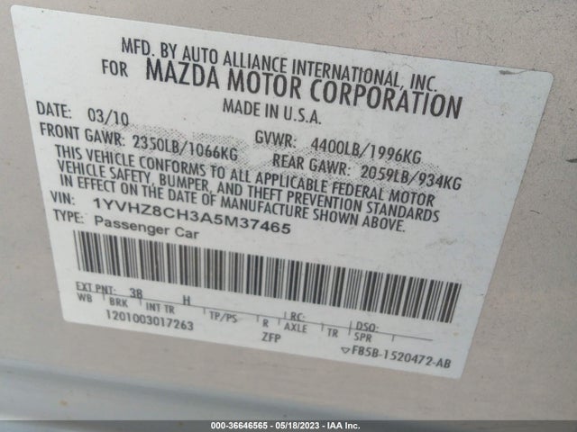 2010 MAZDA MAZDA6 I TOURING VIN: 1YVHZ8CH3A5M37465