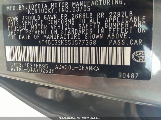 2005 TOYOTA CAMRY STD/LE/SE/XLE VIN: 4T1BE32K55U577368