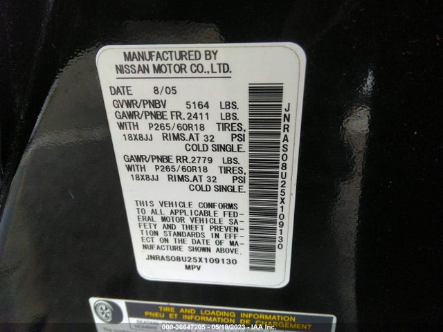2005 INFINITI FX35 VIN: JNRAS08U25X109130