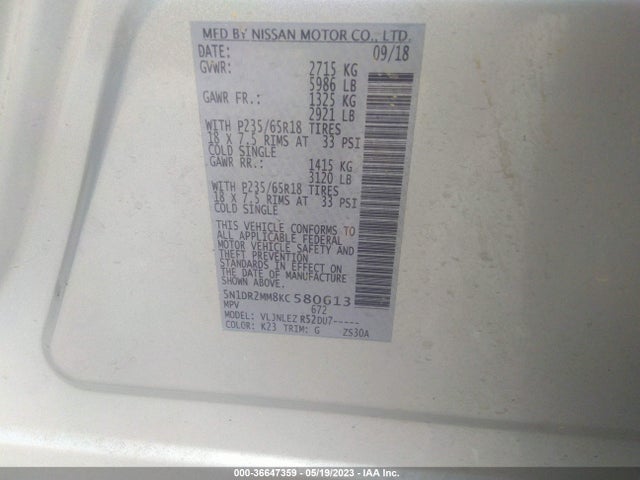 Nissan Pathfinder Sv 2019 5N1DR2MM8KC580613 Image 10