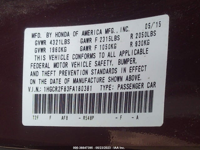Aukcja sprzedaży 2015 Honda Accord Sedan Ex-l, vin: 1HGCR2F83FA180381, numer aukcji: 36647395