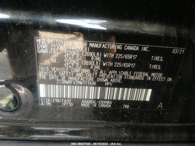 2021 TOYOTA RAV4 HYBRID XLE VIN: 2T3RWRFV7MW111496