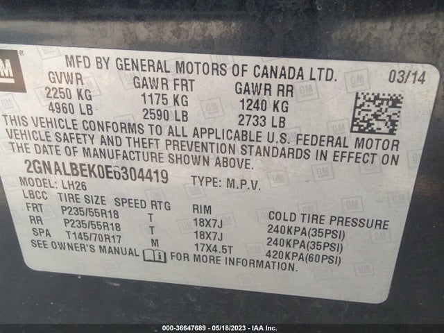 Chevrolet EQUINOX LT 2014 2GNALBEK0E6304419 Image 9