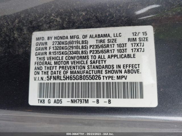 5FNRL5H65GB055026 Honda Odyssey Ex-l