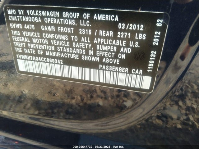 Aukcja sprzedaży 2012 Volkswagen Passat Se, vin: 1VWBH7A34CC069342, numer aukcji: 36647732