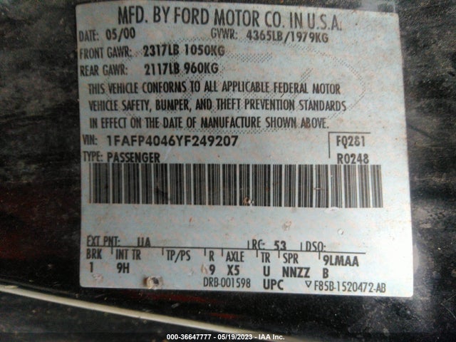 2000 FORD MUSTANG VIN: 1FAFP4046YF249207