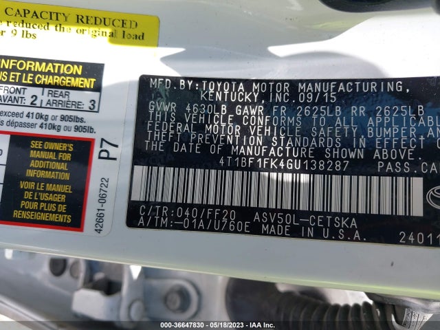 2016 TOYOTA CAMRY XLE/SE/LE/XSE VIN: 4T1BF1FK4GU138287