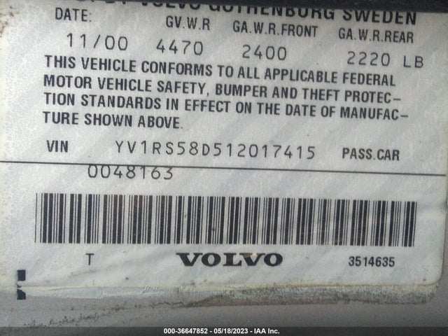 2001 VOLVO S60 VIN: YV1RS58D512017415