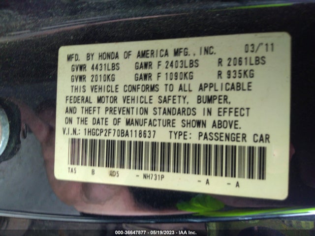 2011 HONDA ACCORD SDN EX VIN: 1HGCP2F70BA118637