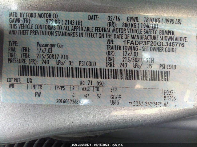 2016 FORD FOCUS SE VIN: 1FADP3F20GL345776