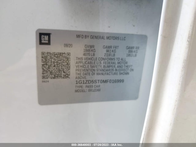 2021 CHEVROLET MALIBU LT VIN: 1G1ZD5ST0MF016999