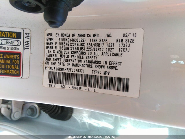 Honda Cr-v Ex-l 2015 5J6RM4H72FL079371 Image 10