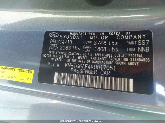 2019 HYUNDAI VELOSTER 2.0 VIN: KMHTG6AF4KU017051