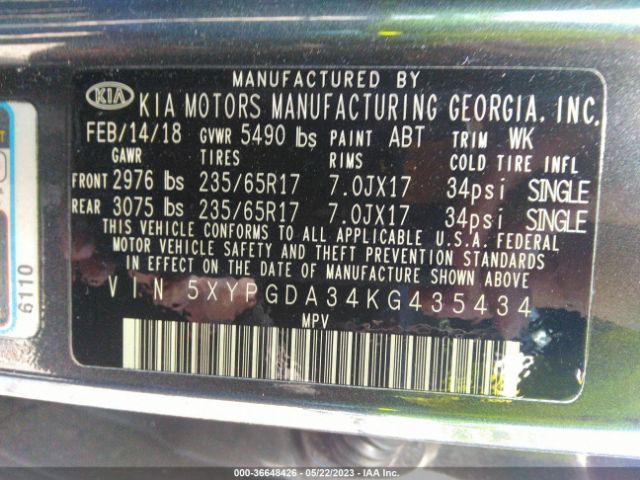 5XYPGDA34KG435434 KIA SORENTO LX