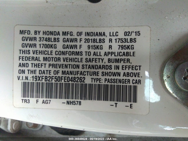 2015 HONDA CIVIC SEDAN LX VIN: 19XFB2F50FE048262