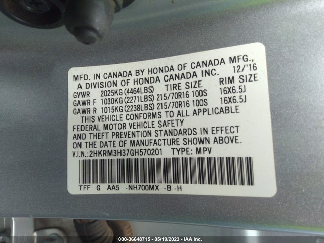 2016 HONDA CR-V LX VIN: 2HKRM3H37GH570201