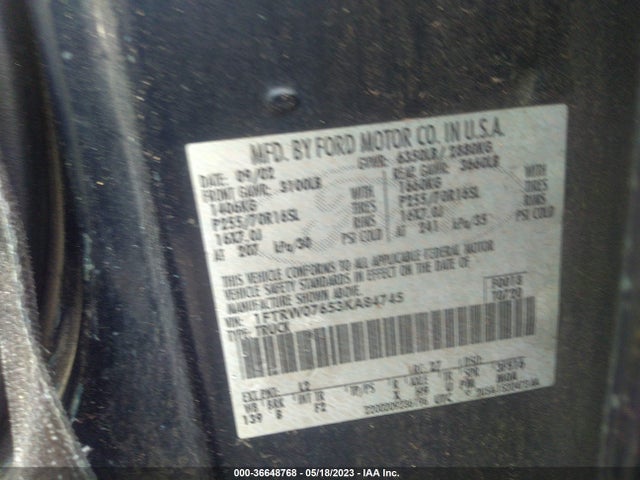 2003 FORD F-150 XLT/LARIAT/KING RANCH VIN: 1FTRW07653KA84745