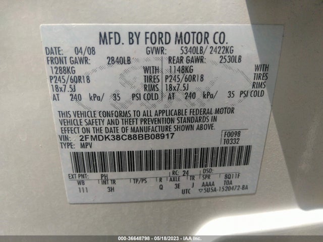 2008 FORD EDGE SEL VIN: 2FMDK38C88BB08917