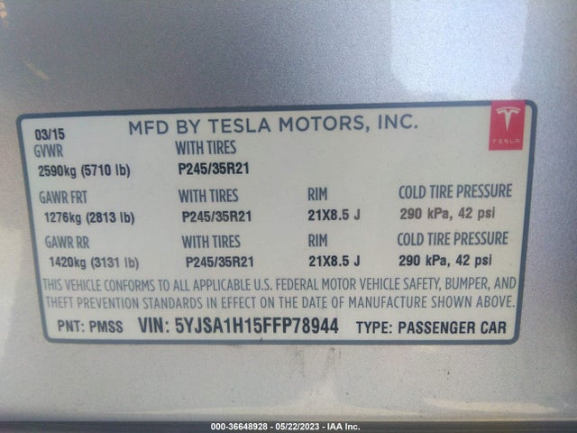 5YJSA1H15FFP78944 Tesla Model S Kwh Battery