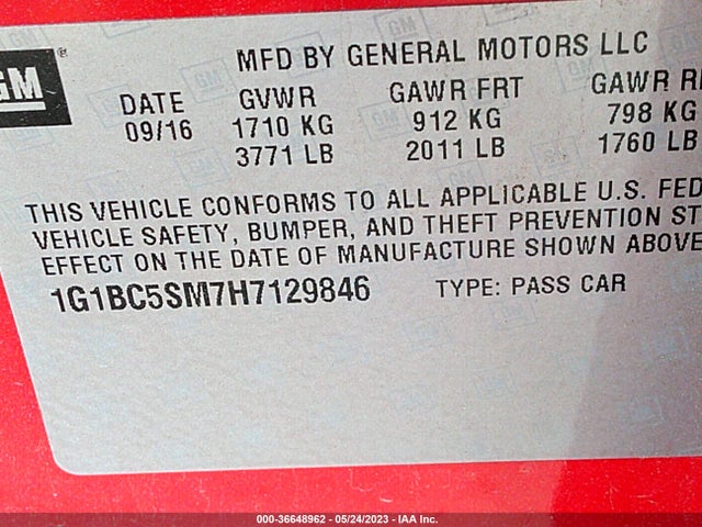 Chevrolet CRUZE LS 2017 1G1BC5SM7H7129846 Image 9