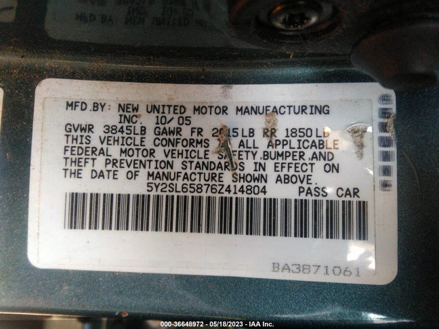 2006 PONTIAC VIBE VIN: 5Y2SL65876Z414804