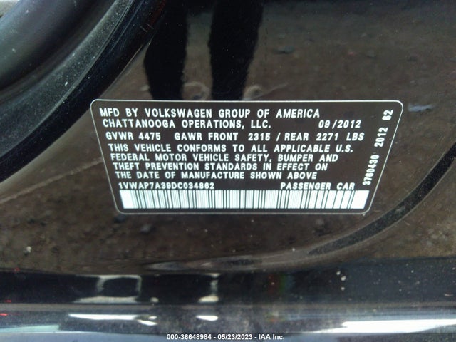 2013 VOLKSWAGEN PASSAT S W/APPEARANCE VIN: 1VWAP7A39DC034862
