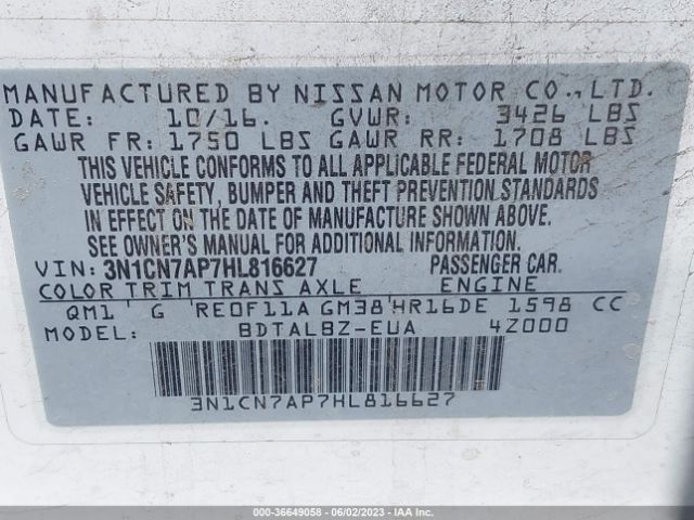3N1CN7AP7HL816627 Nissan Versa Sedan Sv