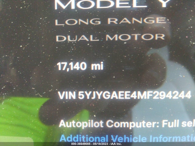 2021 TESLA MODEL Y LONG RANGE VIN: 5YJYGAEE4MF294244