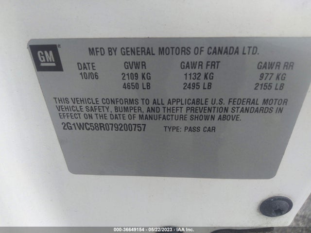 2007 CHEVROLET IMPALA 3.9L LT VIN: 2G1WC58R079200757