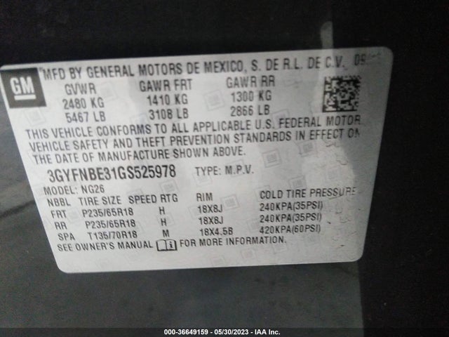 3GYFNBE31GS525978 Cadillac Srx Luxury Collection